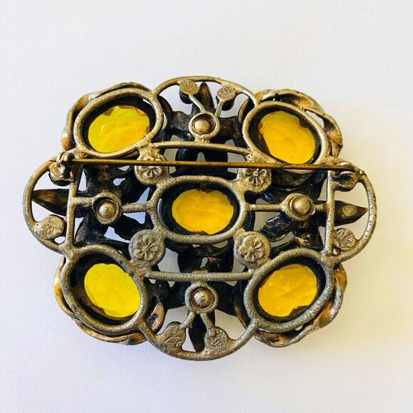 Vintage Czech Glass Art Nouveau Huge Faux Citrine Crystal Brooch - Picture 4 of 5